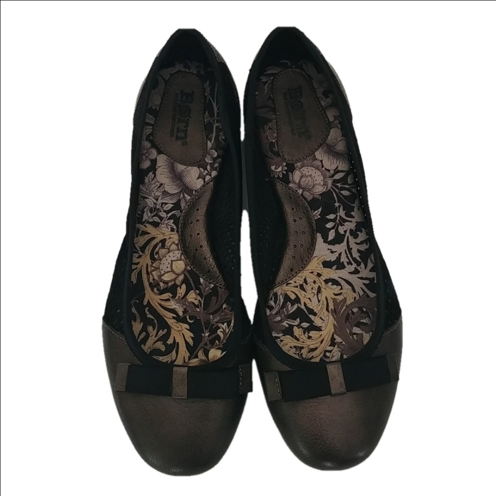 Born Shoes Women's Size 10 M Leather Flats Bow Black & Bronze Weave Pattern - Picture 2 of 8